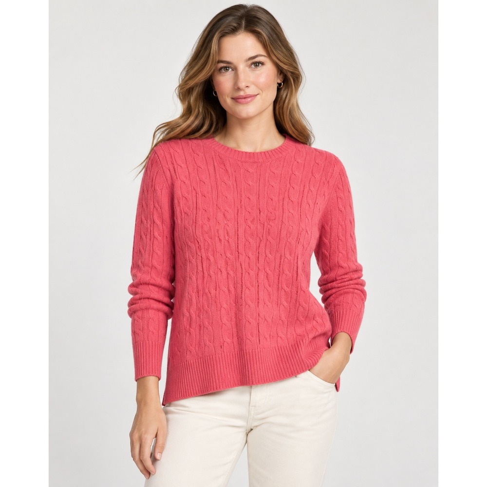 Brooks Brothers Womens Cable Knit Sweater Pink Lambswool Crew Neck Preppy